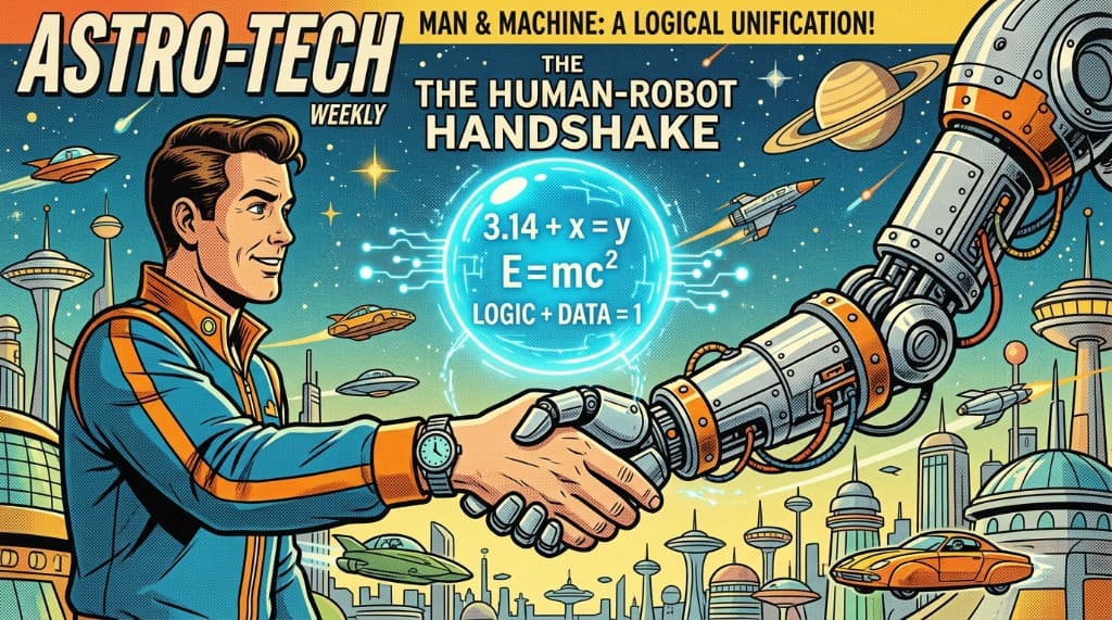 Retro comic-style magazine cover: human and robot handshake with a glowing logic orb, Astro-Tech Weekly—human and machine logical unification.