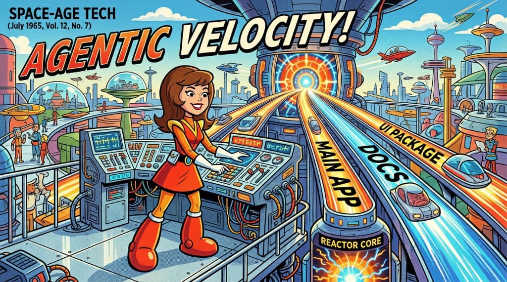 Retro Space-Age comic cover: operator at a console with three glowing velocity tracks labeled Main App, Docs, and UI Package, leading from a reactor core.