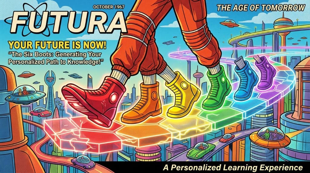 Retro-futurist illustration: six colorful boots on a glowing hex path above a city, with Futura-style cover type for the Six Boots learning path.