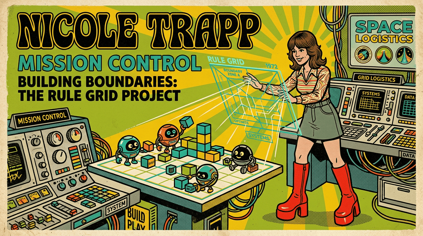 Nicole Trapp as a "High-Tech Tailor" in a 1970s pop-art style, fitting a crimson "Button" suit onto a teal "Link" character to demonstrate the asChild composition pattern.