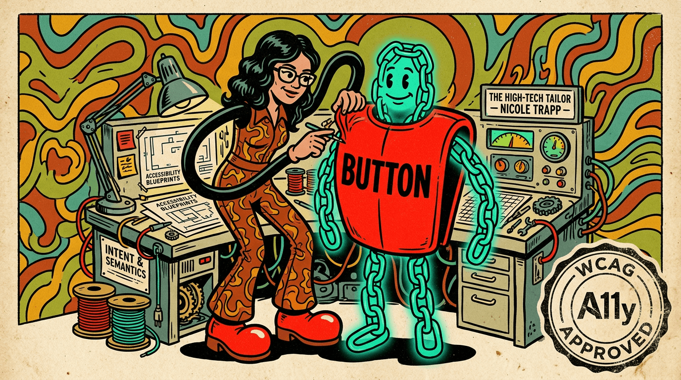 Nicole Trapp in a 1970s pop-art illustration style, acting as a "High-Tech Tailor" fitting a vibrant crimson "Button" suit onto a glowing teal "Link" character to demonstrate the asChild pattern.