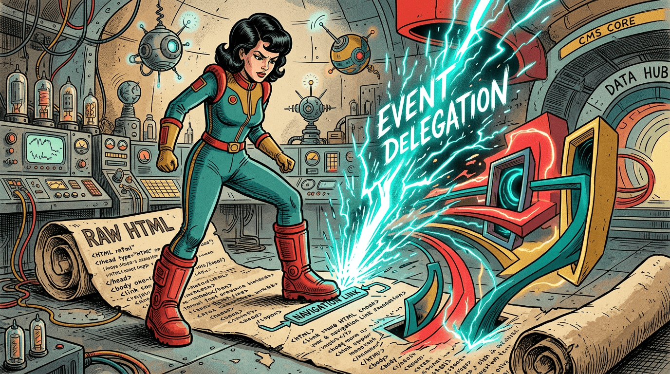 Senior Architect Nicole Trapp in a 1960s Space Age laboratory setting, standind on a "RAW HTML" scroll and using a jagged bolt of "Event Delegation" to transform static text into active navigation links.
