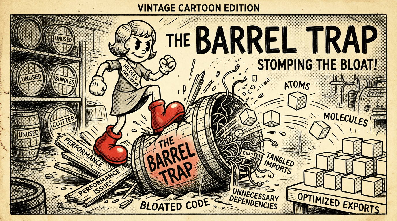 Senior Engineer Nicole Trapp in a 1920s editorial cartoon style, using large red boots to stomp on a leaky barrel labeled "The Barrel Trap" to extract neat "Atoms" and "Molecules" cubes from tangled code bloat.