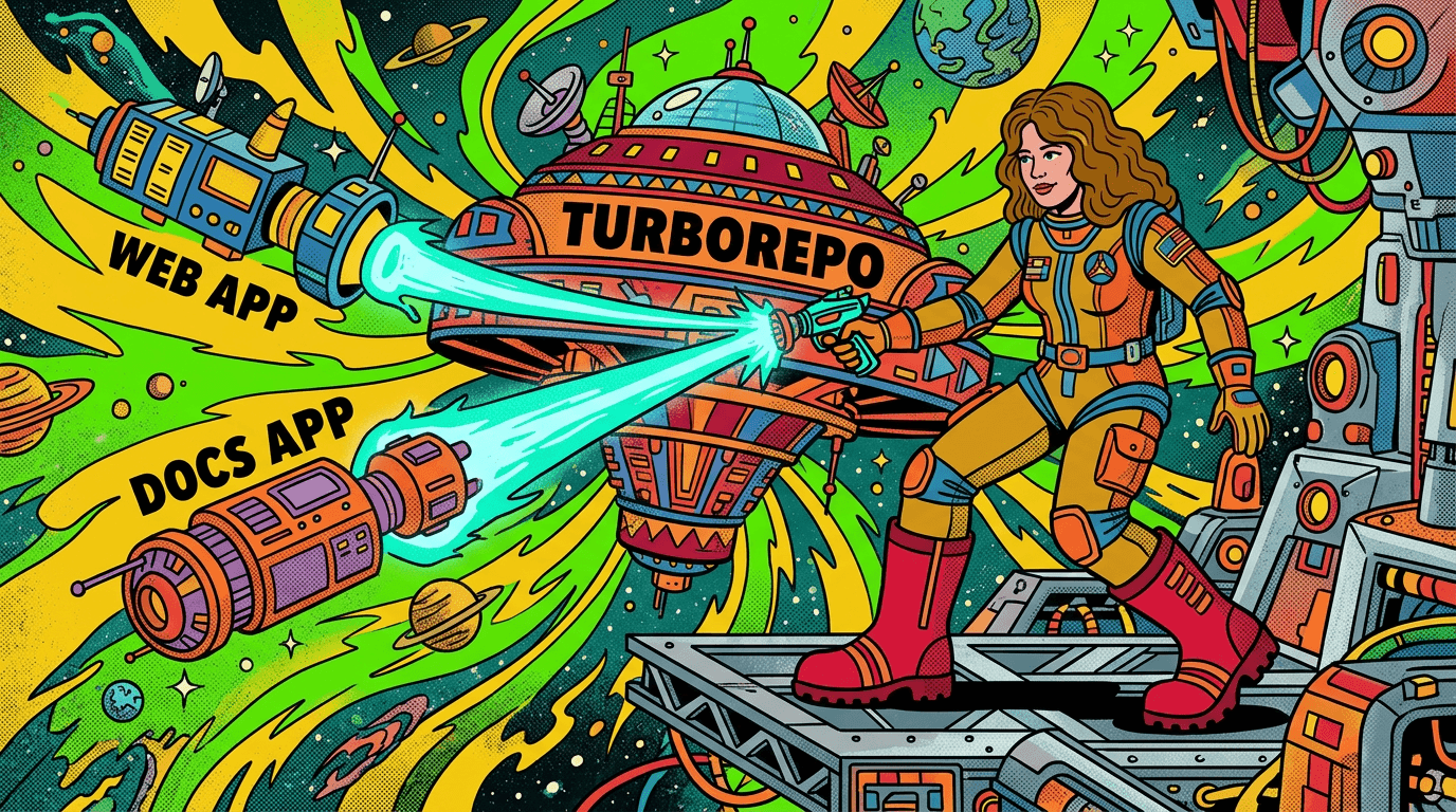 Senior Architect Nicole Trapp in a 1960s Retro-Futurist style, standing at a "Space Dock" using glowing tractor beams to pull drifting "Web App" and "Docs App" stations into a central hub labeled "TURBOREPO."