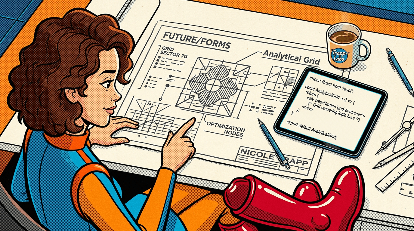 Nicole Trapp pointing at the analytical grid blueprint for the zero-overhead CSS architecture in a Next.js monorepo.